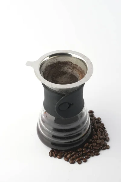 Csepegtető Forró Kávé Kávébab Rozsdamentes Szűrővel — Stock Fotó