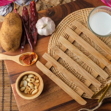 Tahta ısıtma yastığı ile bir bardak süt, kaşık ve çatal... 