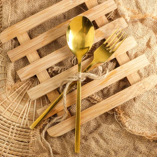 Wood Heating Pad Spoon Fork Blank Space Text — Stock Photo, Image