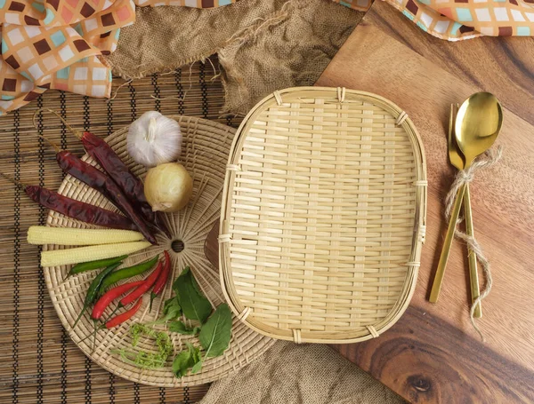 Wood Tray Thai Herbs Spoon Fork Free Space — Stock Photo, Image