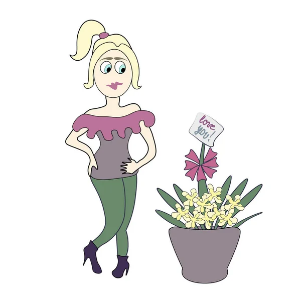 Personaje chica sorpresa flores declaración de amor — Vector de stock