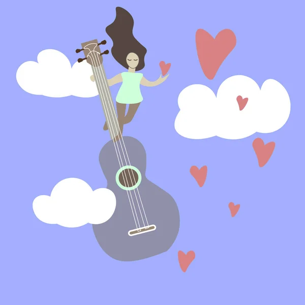 Gitarre Den Wolken Mit Einem Mädchen Mit Herzen — Stockvektor