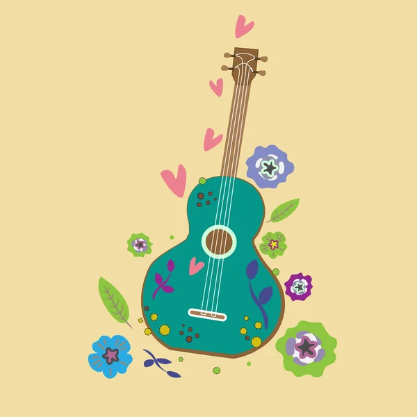 Guitar Light Background Flowers Hearts Hand Drown Doodle Style Dress — Stock Vector