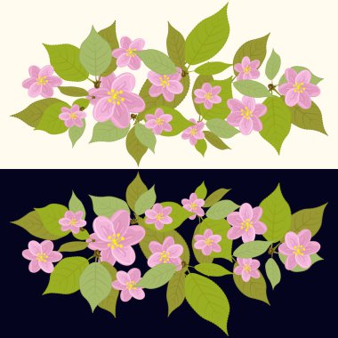 Kiraz çiçeği kompozisyonu. Pankart, tişört, baskı ve tasarım elementleri için arka planda iki el boğma deseni