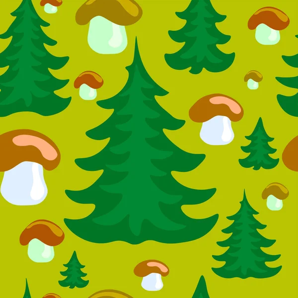 Spruce Trees Mushrooms Bright Background Seamless Pattern — Stock Photo, Image