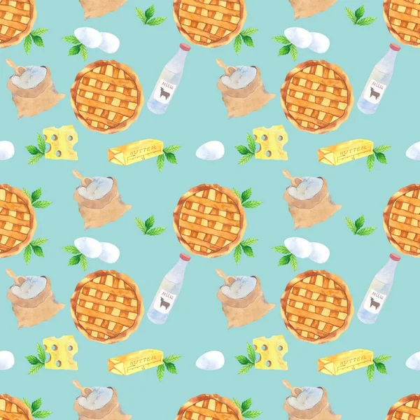 Watercolor products seamless pattern with pie, cheese, eggs, flour, butter and mint