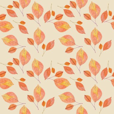 Kumaş, kağıt, yatak, dekor ve duvar kağıdı için arka planda sonbahar yaprakları olan suluboya desenleri