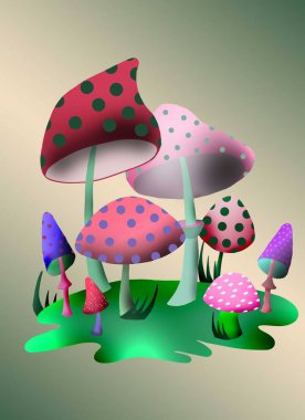 Beyaz arka planda Amanita rubrovolvata ya da volva mantarı dijital sanat çizimi. Boletus 'un yüzüklü çok renkli fantastik bir şapkası var. Mantar mevsimi, ormanlarda ve ormanlarda yetişen bitki.