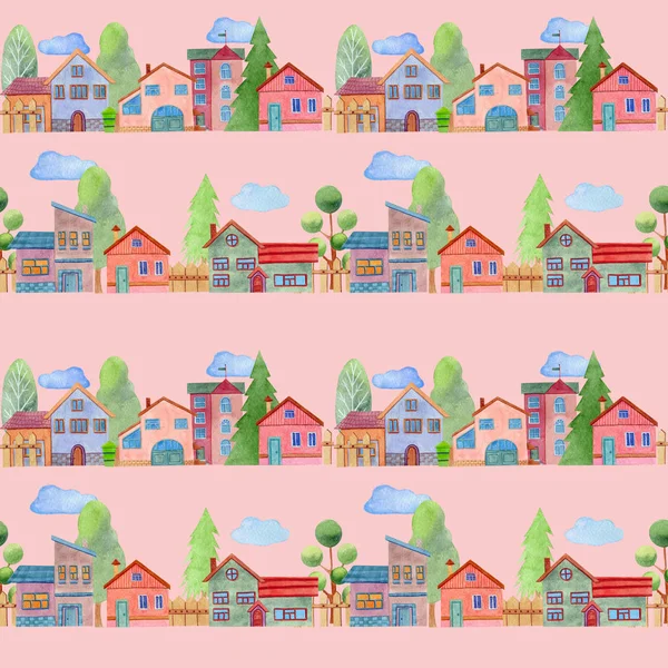 Naadloos Patroon Met Leuke Cartoon Stadsgebouwen Geïsoleerd Een Roze Achtergrond — Stockfoto