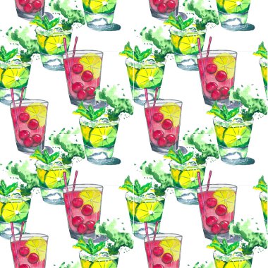 Sıcak yaz partisi, menü, davetiye ve tebrik kartı için el çizimi mojito ve vişneli kokteyller içeren suluboya desenleri..