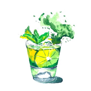 Suluboya çizim - meyve kokteyli, sirke, limon dilimi, limon, nane, buz. Buzlu soğuk içecek. Beyaz izole arka planda. Logo, kartpostal, kart, el grafikleriyle çizilmiş.