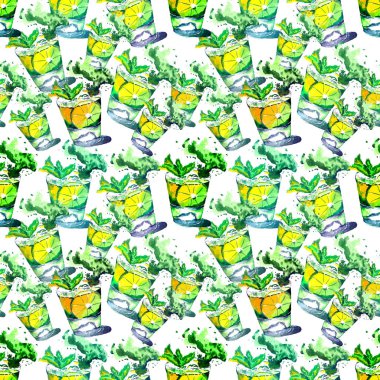 Suluboya çizimi, mojito kokteyli deseni. Bir bardak mojito kokteyli, buz, limon ve limon dilimleri, nane ve nane yaprakları. Beyaz arkaplan