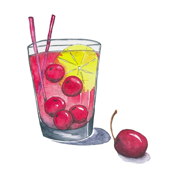 Watercolor Cherry Cocktail Lemon Illustration Icon Isolated White Background Hand — Stock Photo, Image