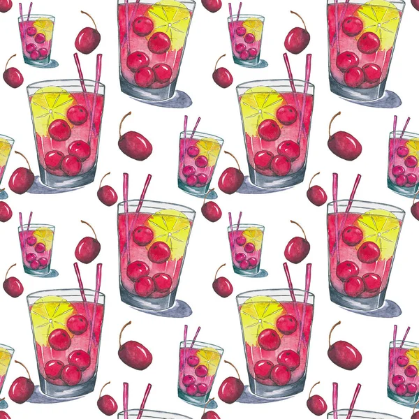 Cherry Cocktail Seamless Illustration Pattern Isolated White Background Hand Draw — Stock Photo, Image