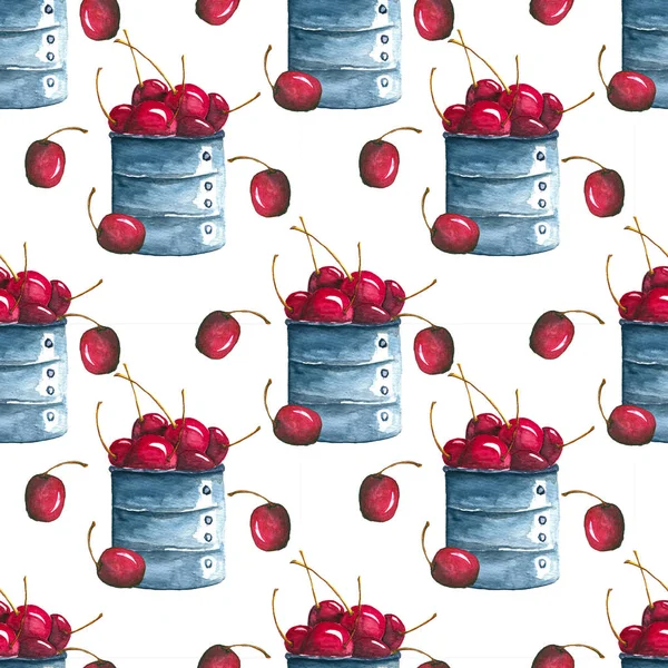 sweet cherries in a metal bowl. summer. hand-drawn watercolor on white background seamless pattern