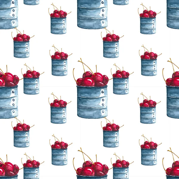sweet cherries in a metal bowl. summer. hand-drawn watercolor on white background seamless pattern