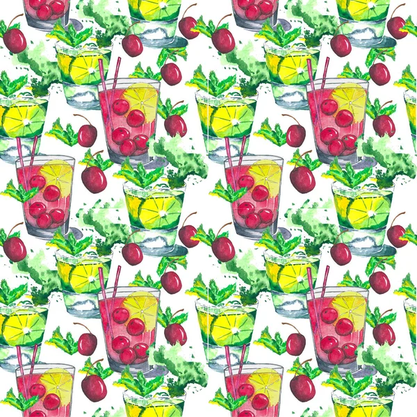 Watercolor seamless pattern with hand drawn illustration of mojito and cherry cocktails for summer hot party, menu, invitation, greeting card.
