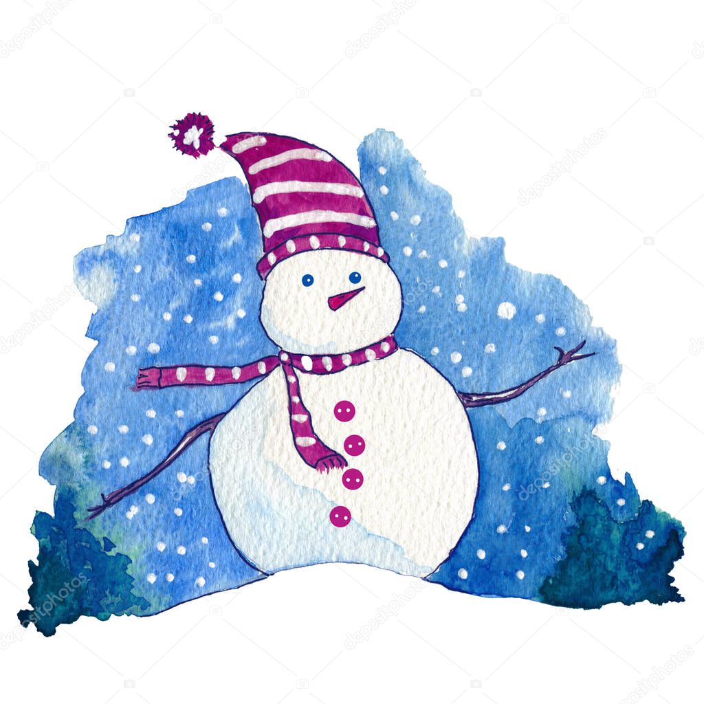 Christmas watercolor Winter holidays isolated illustration. Holiday design with snowman. Happy New year greeting card