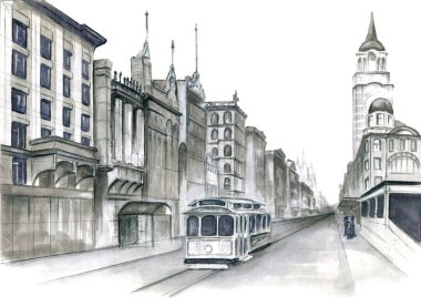 Eski kasaba caddesinde çizim stili çizilmiş. Şehir romantik manzarası. Beyaz arkaplanda siyah beyaz kalem çizimi