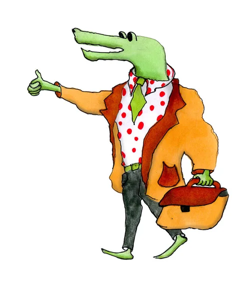 green cartoon crocodile in a white shirt with a tie and in a jacket with a briefcase in his hands catches a taxi painted in watercolor. isolated on white background ready for print or design