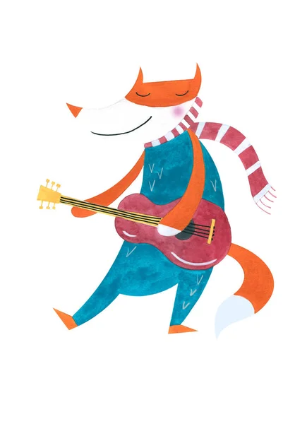 illustration in scandinavian style gray wolf in yellow overalls with a tambourine. hand drawn illustration in gouache isolated on white background