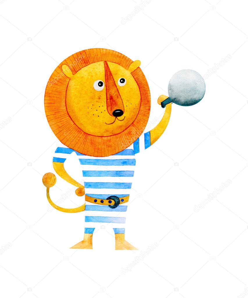 A lion painted in watercolor in a blue-bodied tights, a strong man lifting a weight. Isolated on a white background. Creative illustrations for children, design, wallpaper, packaging, textile, packing
