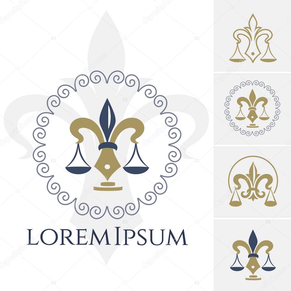 Legal or juridical center icon with Scales of Justice. Vector emblem for advocacy or notary company, law attorney, legal advocate or lawyer office. Vector isolated sign with heraldic