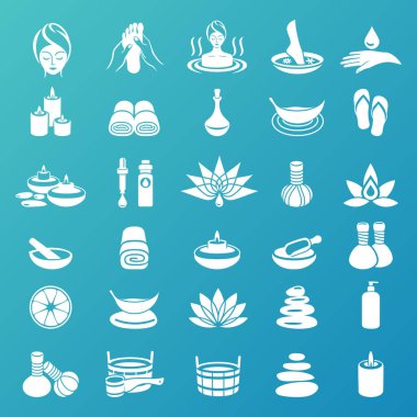 Turkuaz arka planda spa simgeleri. Maske, rahatlama, mumlar, banyo, su tedavileri, hidroterapi, tıbbi banyolar, kişisel bakım. Beyaz renkli izole simgeler kümesi.