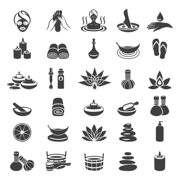 Iconos de spa sobre fondo blanco, máscara, relajarse, velas, baño, tratamientos de agua, hidroterapia, baños medicinales, tratamientos de cuidado personal. Conjunto de iconos aislados en color oscuro . — Vector de stock