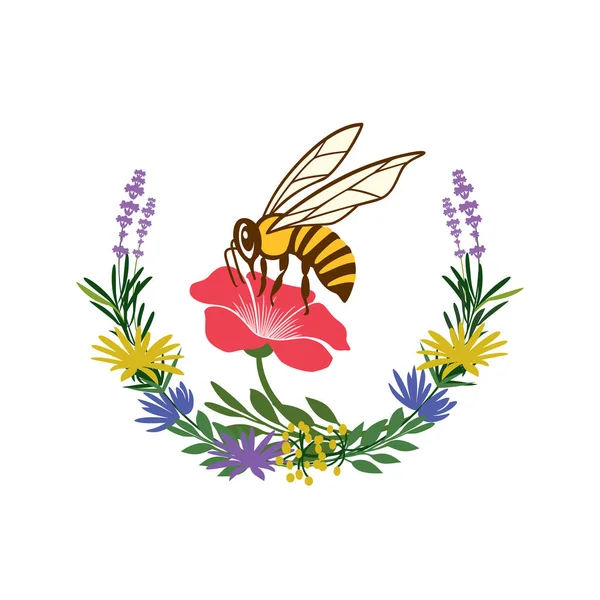 Logo, emblem, sticker for beekeeping, honey production, bee business, selling honey, the use of honey in cooking or in medicine. Honey bee that processes flower juices, nectar into honey. Vector illustration.