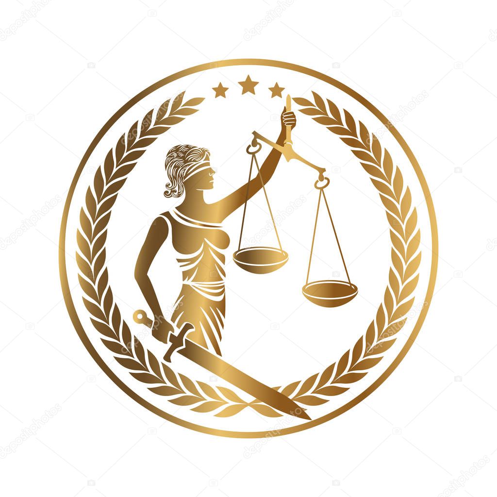 Lady justice, Themis with sword and scales. Logo or emblem design for Law firm, Lawyer service, Law office. Personification of order, fairness, law, fair trial, rule, statute. Vector illustration.