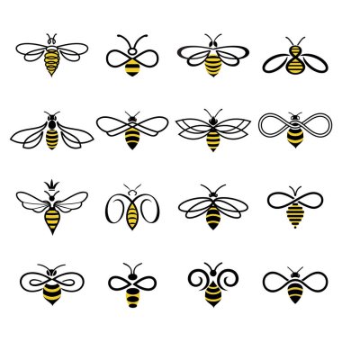 Bal arısı logosu tasarımı. Bal ürünlerinin etiketleri ve logoları için bal arıları seti, doğal ve çiftlik balı. İzole edilmiş böcek simgeleri. Uçan arı. Yaratıcı tasarım çalışkan arılar. Düz doğrusal biçimde vektör illüstrasyonu.