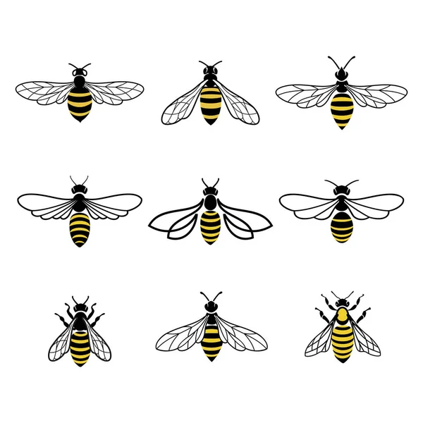 Conception Logo Abeille Miel Ensemble Abeilles Mellifères Pour Étiquettes Logos — Image vectorielle