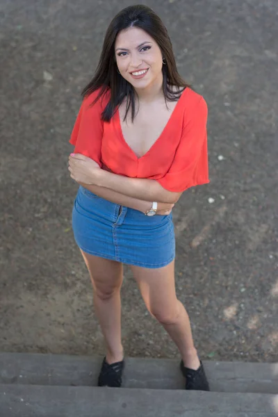 Model Woman Looking Camera Outdoors Session — Stock Photo, Image