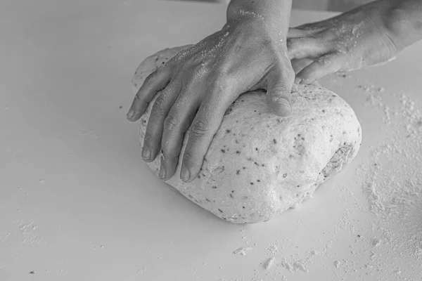 Man Kneading Large Dough Homemade Bread Quarantine — Stock Photo, Image