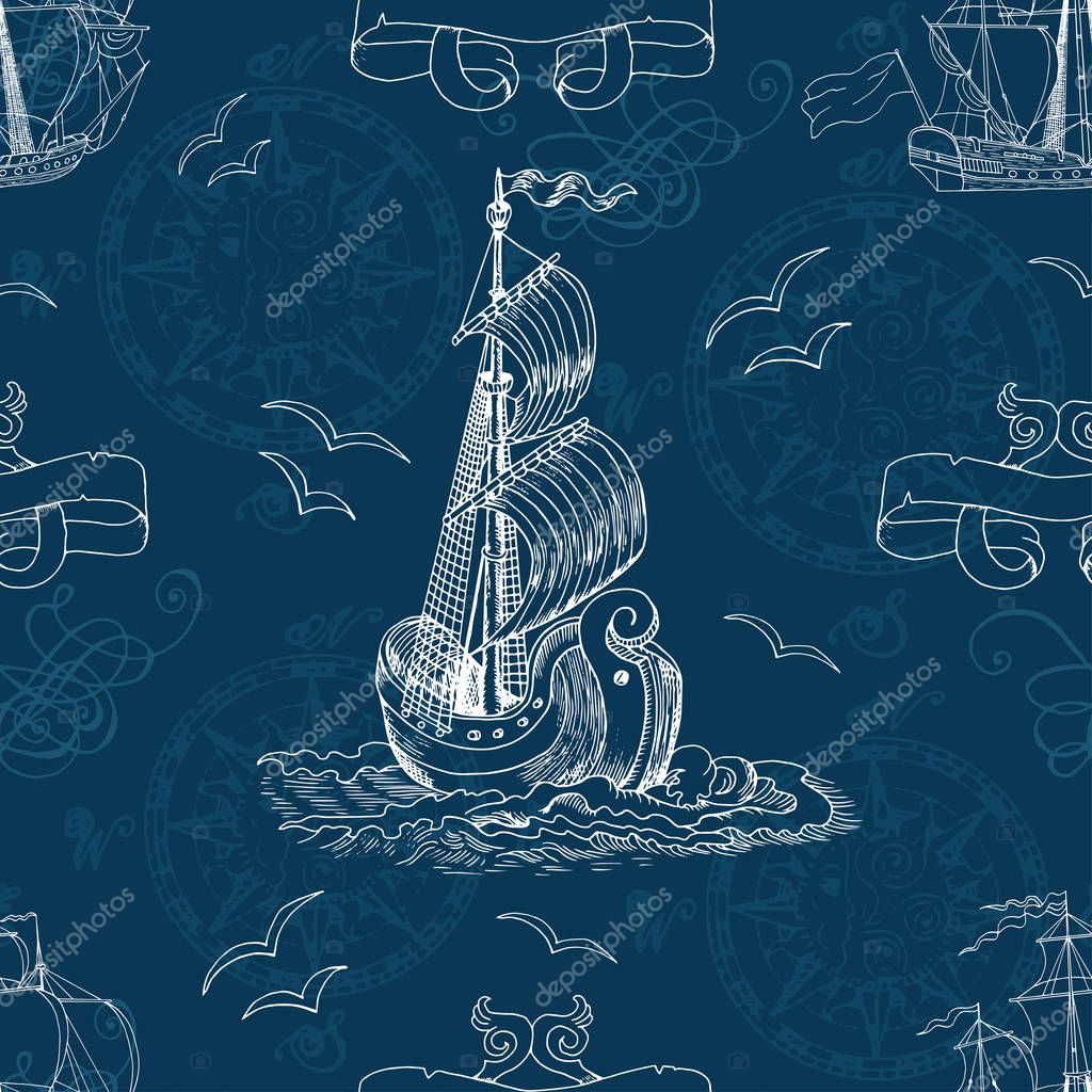 Vector illustration design of old sailing ship and gulls on Seamless