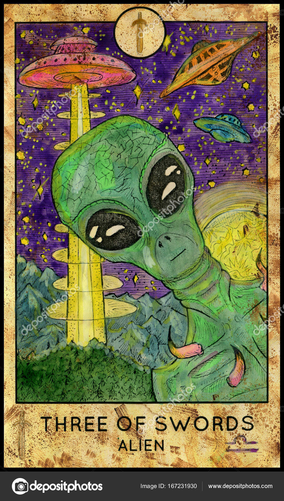 Alien. Carta de Tarot Arcanos menores. Três de espadas 