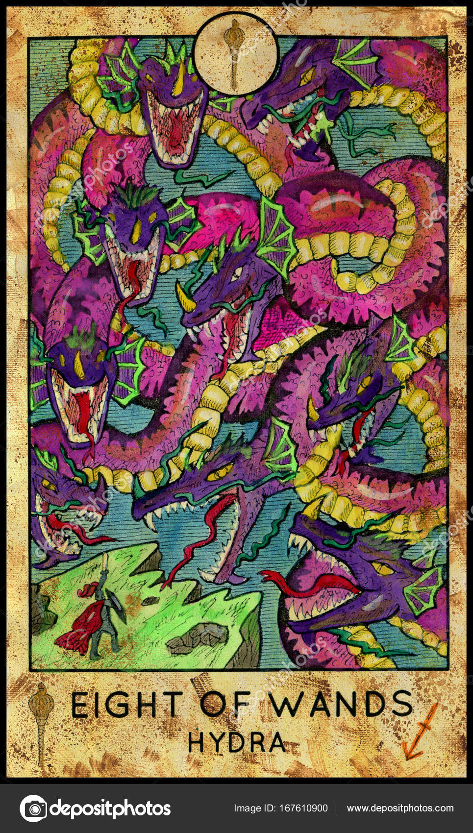 Hydra. Minor Arcana Tarot Card. Eight of Wands — Stock Photo