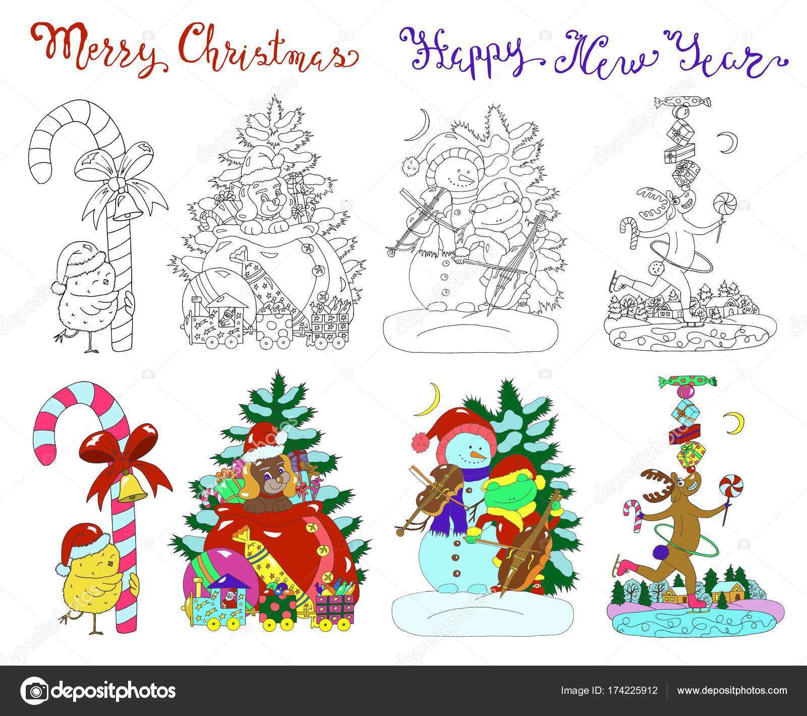 Disegno vettoriale con personaggi colorati e grafici di Natale e Capodanno — Vettoriale Stock