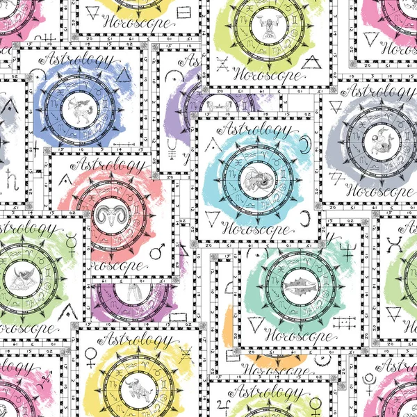 Seamless pattern with colorful Zodiac charts. Occult, esoteric, divination and wicca concept. Mystic and vintage astrology background for antique decorations, scrapbooking