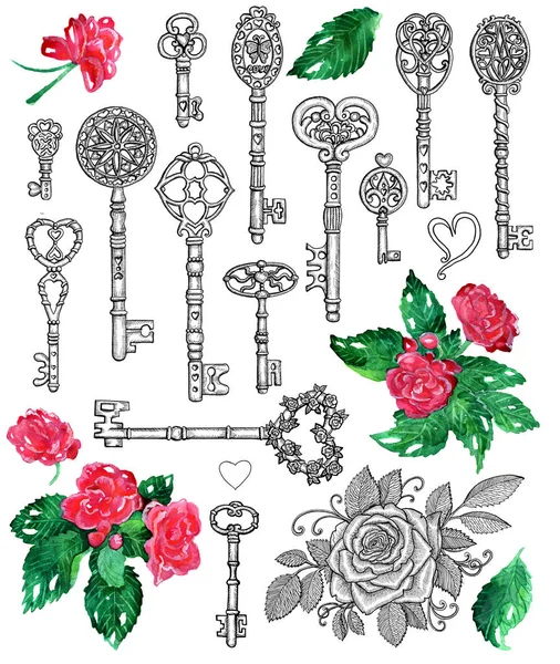 Hand drawn set with old vintage keys and watercolor flowers isolated on white. Graphic design collection for antique decorations, card. Hand drawn vintage illustration with Valentines Day concept