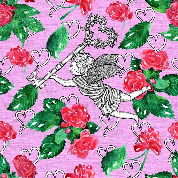 Seamless pattern with angel, key and flowers on pink texture. Graphic design collection for antique decorations, card. Hand drawn vintage illustration with Valentines Day concept