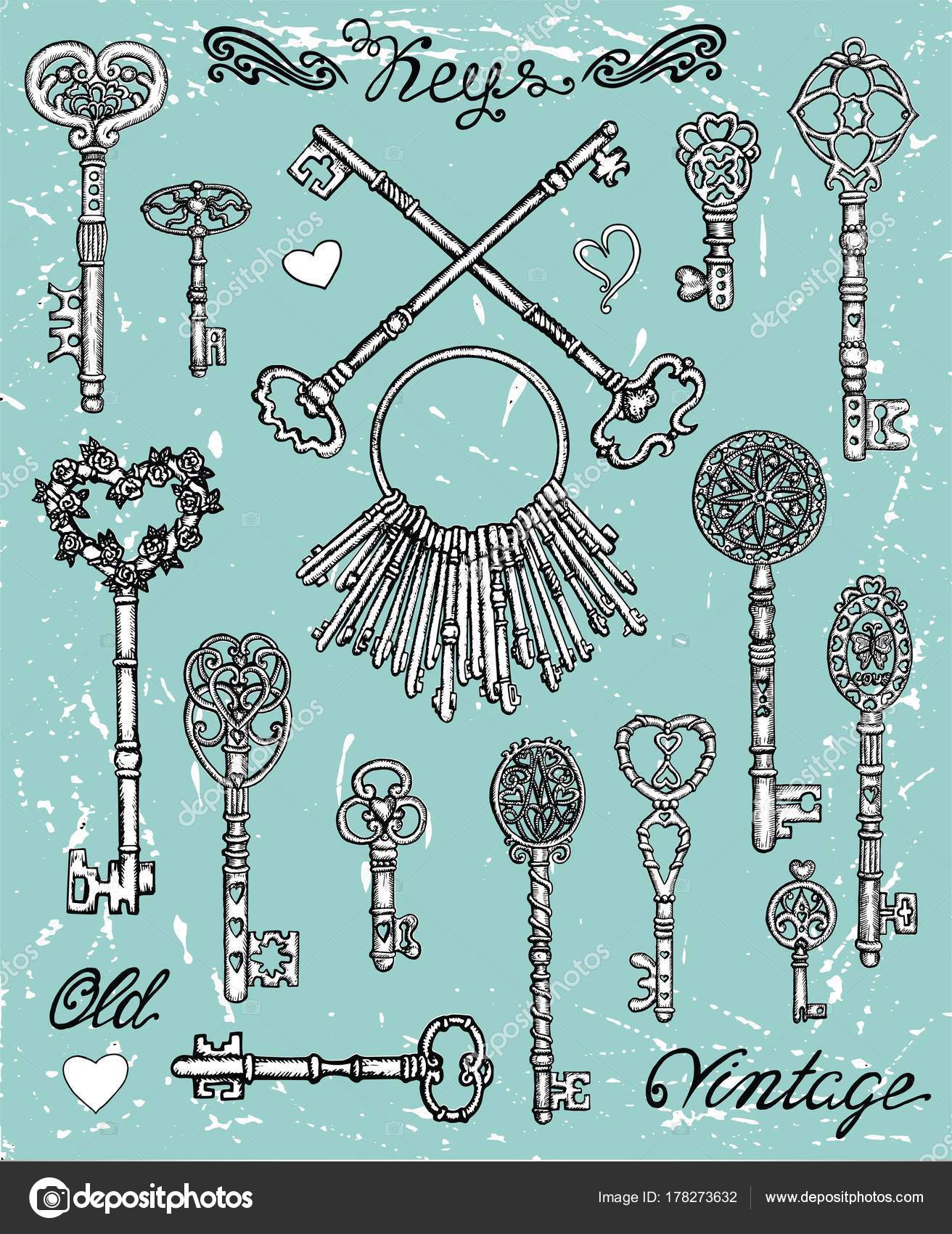 Hand Drawn Set Old Vintage Keys Heart Elements Texture Background
