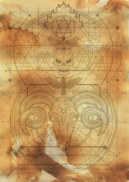 Scrapbook design background with devil and death mystic symbols. Fantasy and secret societies emblems, occult and spiritual mystic drawings. Tattoo design, new world order