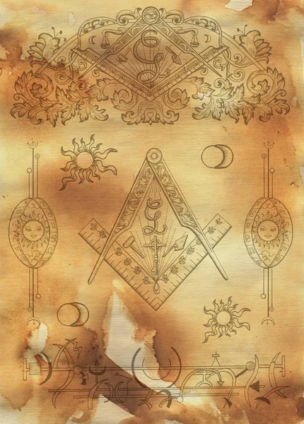 Scrapbook design background with mason and mystic symbols on texture. Freemasonry and secret societies emblems, occult and spiritual mystic drawings. Tattoo design, new world order