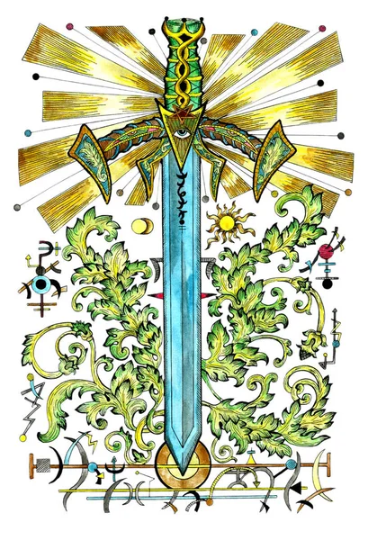 Watercolor illustration with sword, mystic and fantasy patterns. Freemasonry and secret societies emblems, occult and spiritual mystic drawings. Tattoo design, new world order