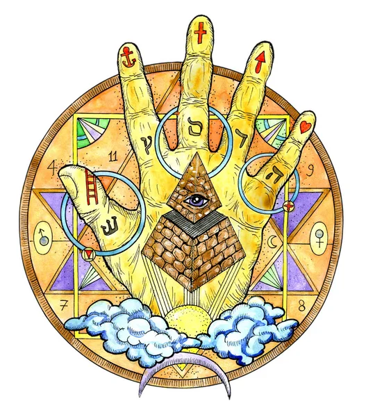 Watercolor illustration with hand palm and mysterious symbols isolated on white. Freemasonry and secret societies emblems, occult and spiritual mystic drawings. Tattoo fantasy design, new world order