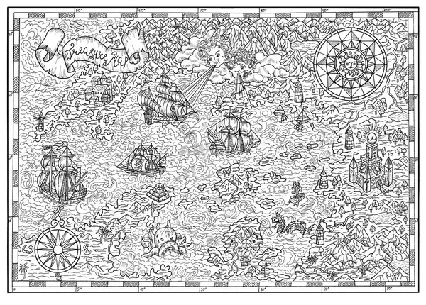 Black and white pirate map with old sailing ships, compass, fantasy creatures, treasure islands. Pirate adventures, treasure hunt and old transportation concept. Hand drawn illustration, vintage background