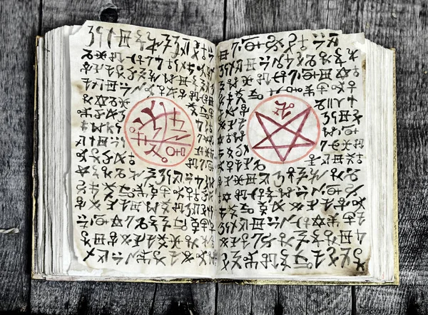 Open black magic book with evil symbols and pentagram on shabby pages. Halloween, occult, esoteric and wicca concept. Vintage background