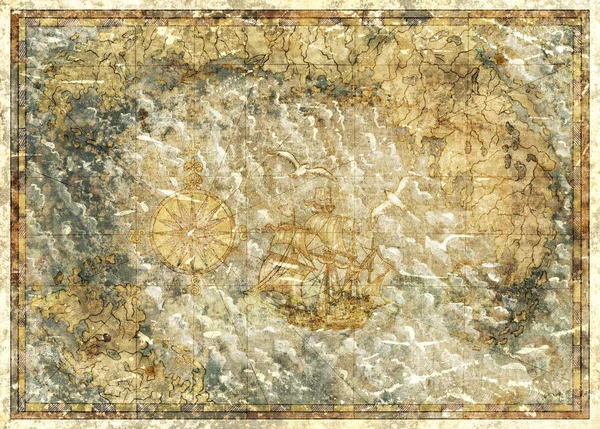 Background with concept of antique pirate treasures map. Pirate adventures, treasure hunt and old transportation concept. Vintage hand drawn illustration